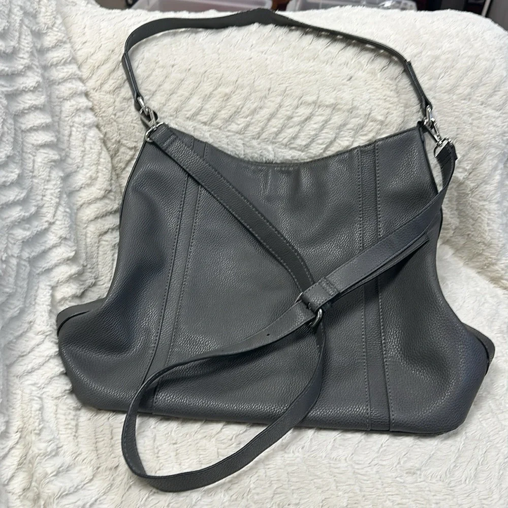 Charming Charlie Large Gray Tote Bag, Two Straps, soft Supple VEGAN Leather